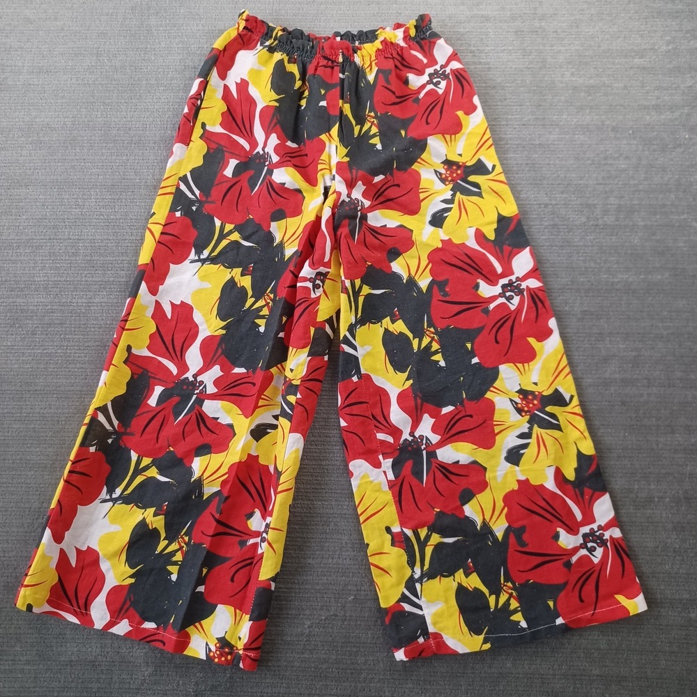 Made in Italy Pants Womens Small Red Floral Wide Leg‎ Elastic Waist Linen Blend